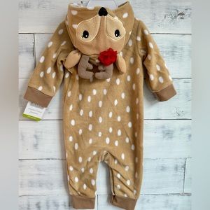 NWT | Hudson Baby Tan & White Hooded Fleece Reindeer Jumpsuit | 6-9 months